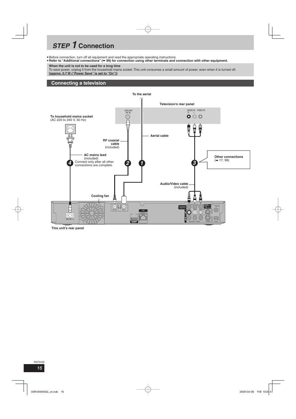 Step, Connection, Connecting a television | Philips DIGA DMR-BW750 User Manual | Page 16 / 124