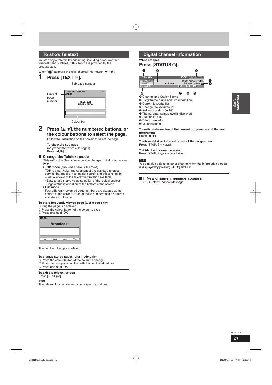 Press [text, Press, Digital channel information | Press [status | Philips DIGA DMR-BW750 User Manual | Page 21 / 124