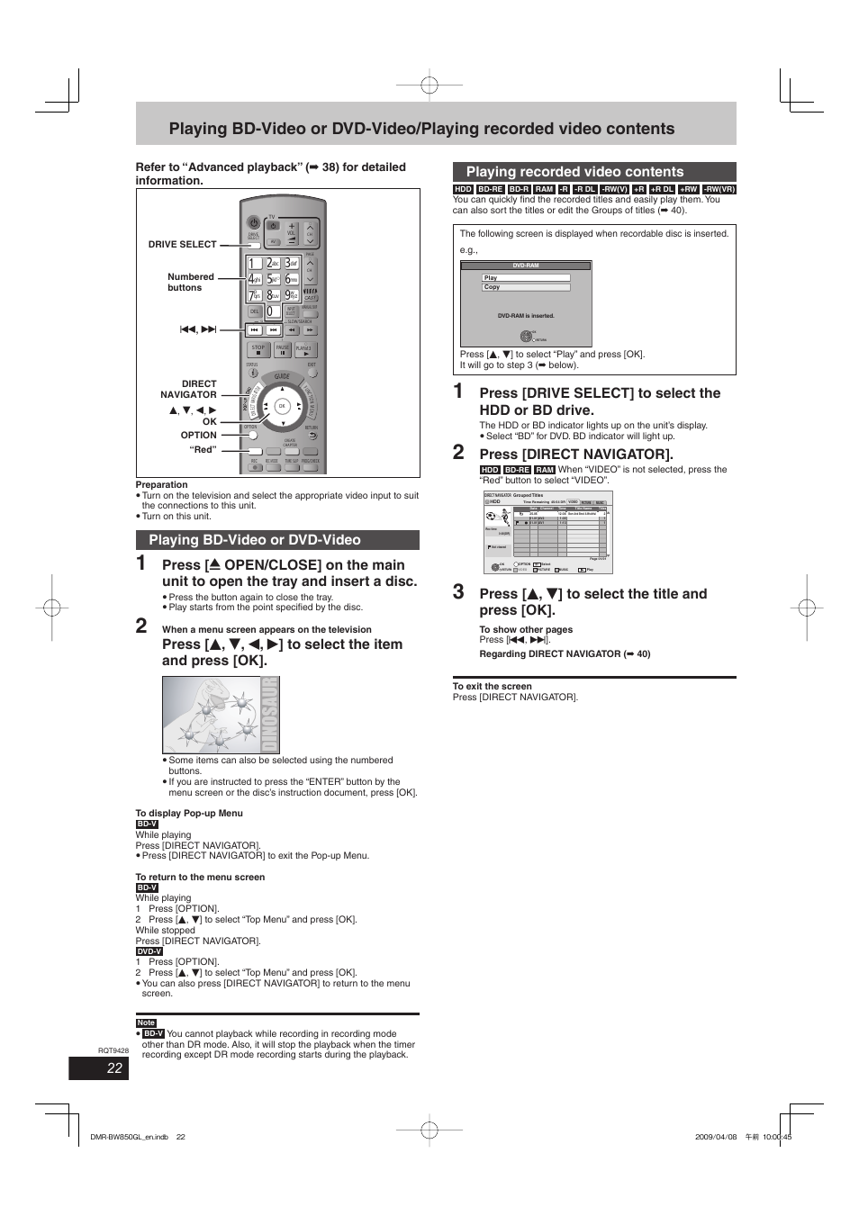 Playing bd-video or dvd-video, Playing recorded video contents, Press [drive select] to select the hdd or bd drive | Press [direct navigator, Press [ e , r ] to select the title and press [ok | Philips DIGA DMR-BW750 User Manual | Page 22 / 124