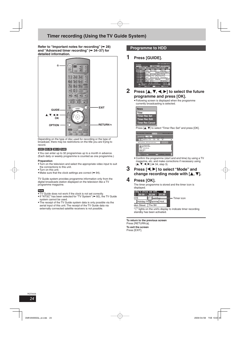 Timer recording (using the tv guide system), Programme to hdd, Press [guide | Press [ok | Philips DIGA DMR-BW750 User Manual | Page 24 / 124