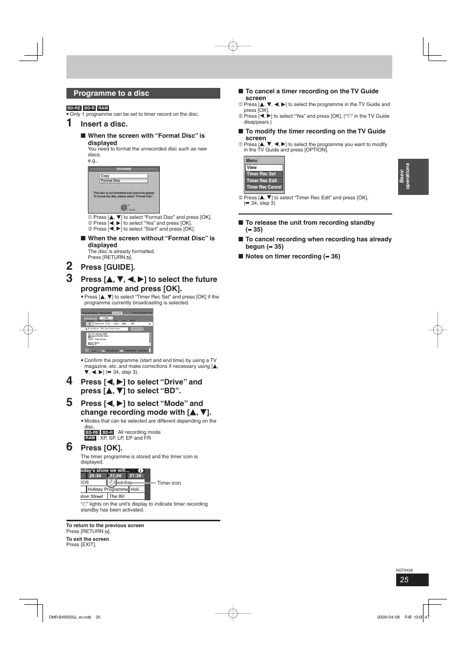 Programme to a disc, Insert a disc, Press [guide | Press [ok | Philips DIGA DMR-BW750 User Manual | Page 25 / 124