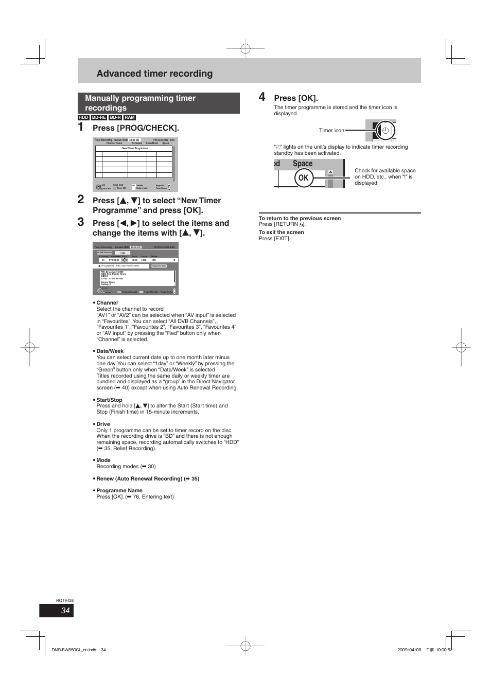 Advanced timer recording, Od space ok, Manually programming timer recordings | Press [prog/check, Press [ok | Philips DIGA DMR-BW750 User Manual | Page 34 / 124