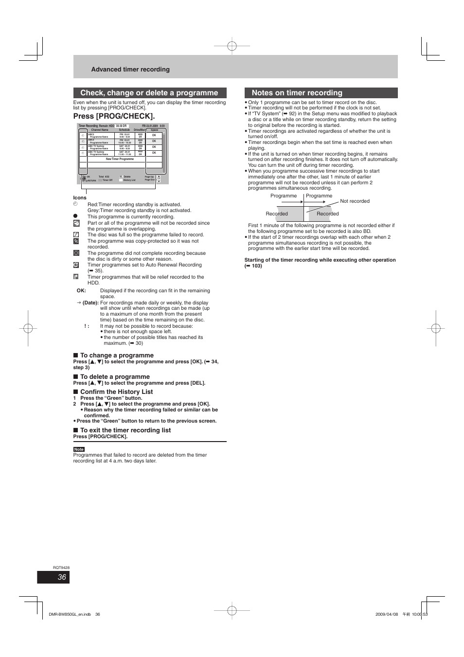 Check, change or delete a programme, Press [prog/check, Advanced timer recording | Confi rm the history list | Philips DIGA DMR-BW750 User Manual | Page 36 / 124