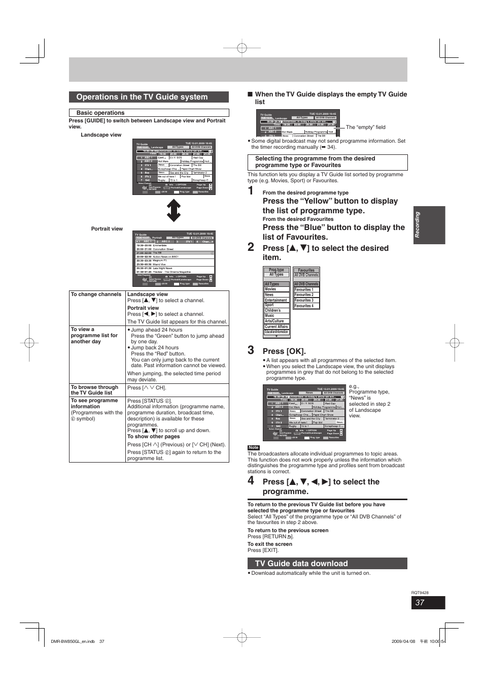 Operations in the tv guide system, Press [ e , r ] to select the desired item, Press [ok | Press [ e , r , w , q ] to select the programme, Tv guide data download, When the tv guide displays the empty tv guide list | Philips DIGA DMR-BW750 User Manual | Page 37 / 124