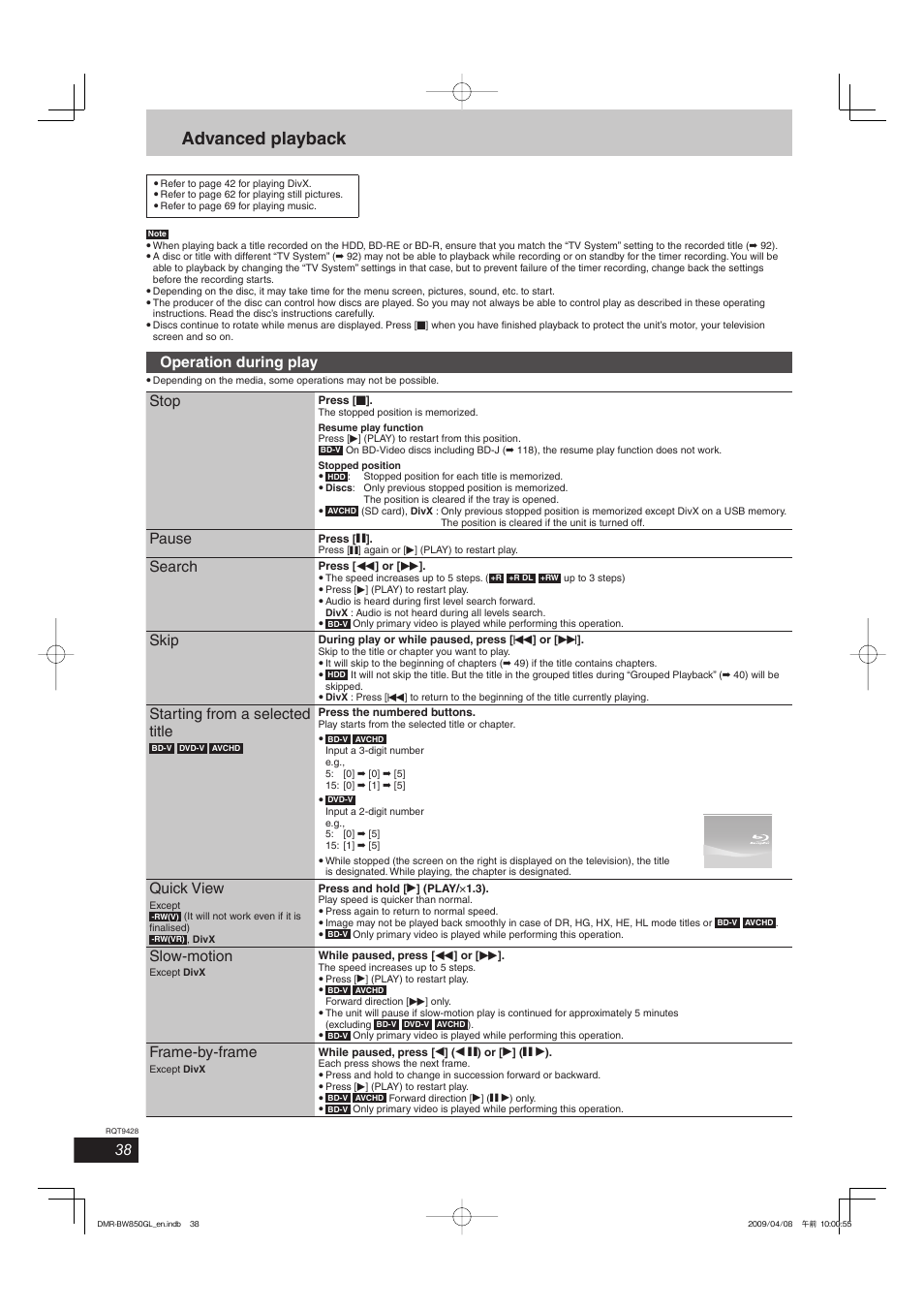 Advanced playback, Operation during play, Stop | Pause, Search, Skip, Starting from a selected title, Quick view, Slow -motion, Frame-by-frame | Philips DIGA DMR-BW750 User Manual | Page 38 / 124