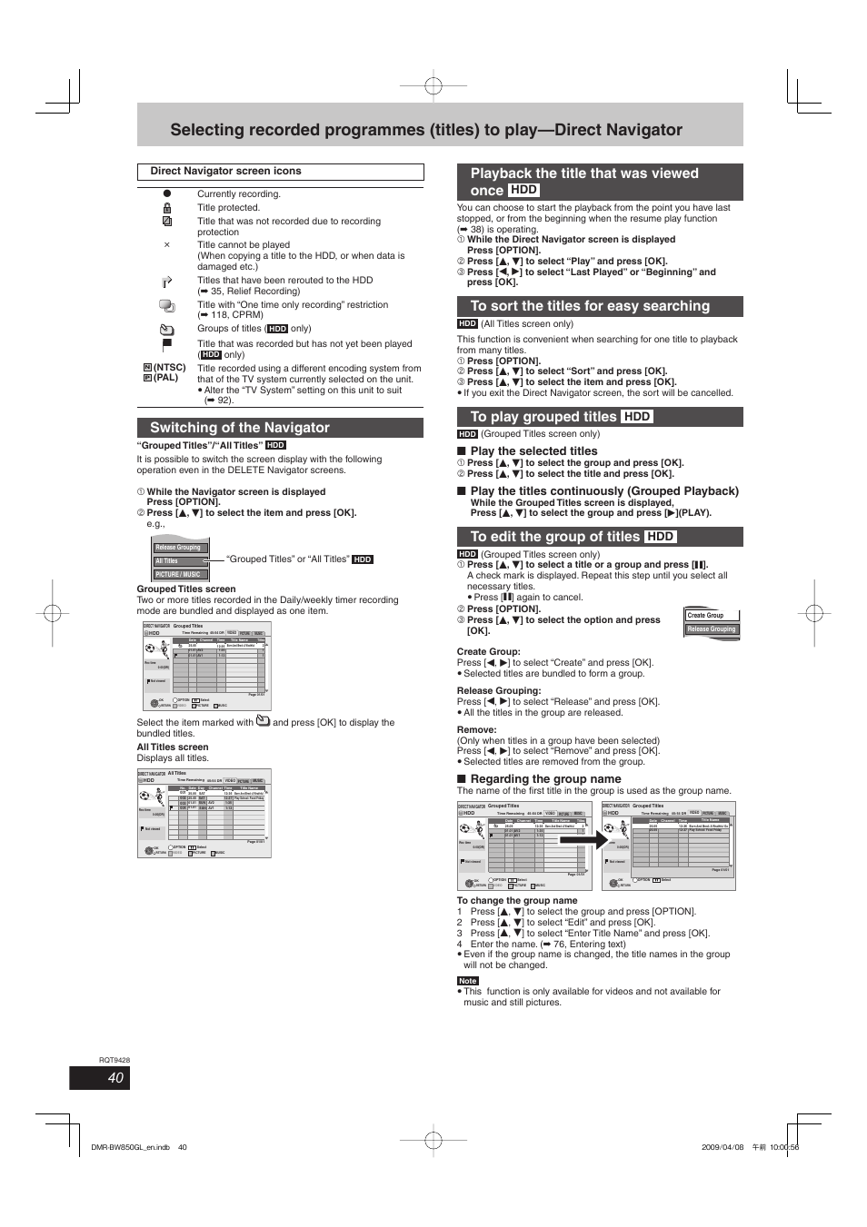 Switching of the navigator, Playback the title that was viewed once, Play the selected titles | Play the titles continuously (grouped playback), Regarding the group name, Direct navigator screen icons | Philips DIGA DMR-BW750 User Manual | Page 40 / 124