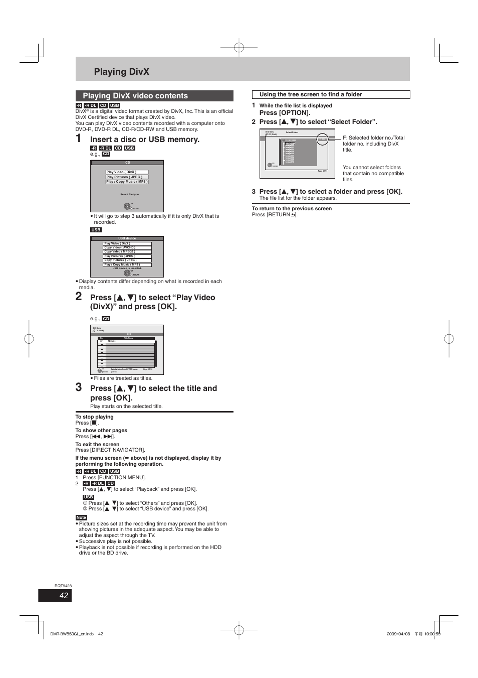 Playing divx, Playing divx video contents, Press [ e , r ] to select the title and press [ok | 3 press [ e , r ] to select a folder and press [ok | Philips DIGA DMR-BW750 User Manual | Page 42 / 124