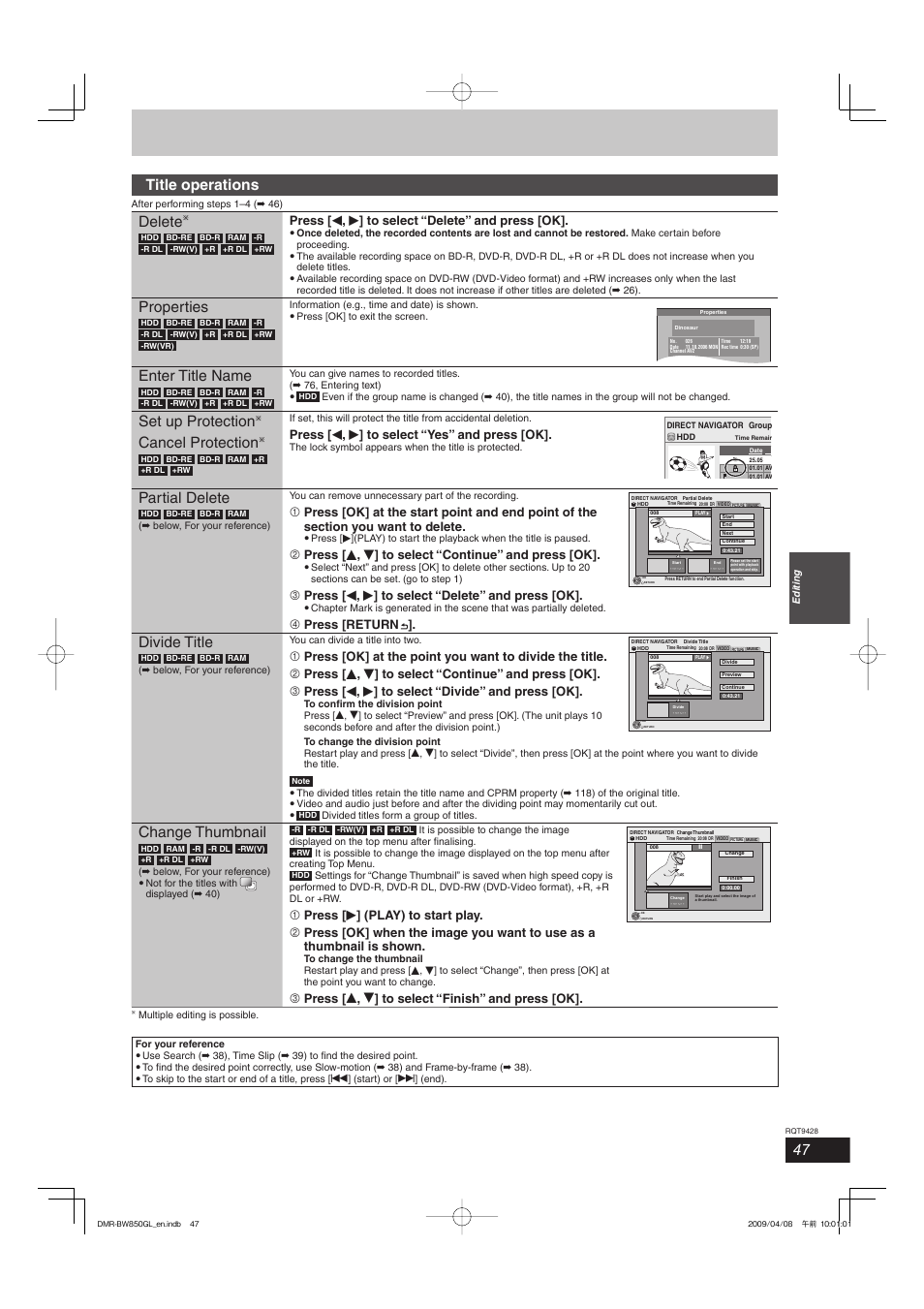 Title operations, Delete, Properties | Enter title name, Set up protection cancel protection, Partial delete, Divide title, Change thumbnail, Press [ w , q ] to select “delete” and press [ok, Press [ w , q ] to select “yes” and press [ok | Philips DIGA DMR-BW750 User Manual | Page 47 / 124