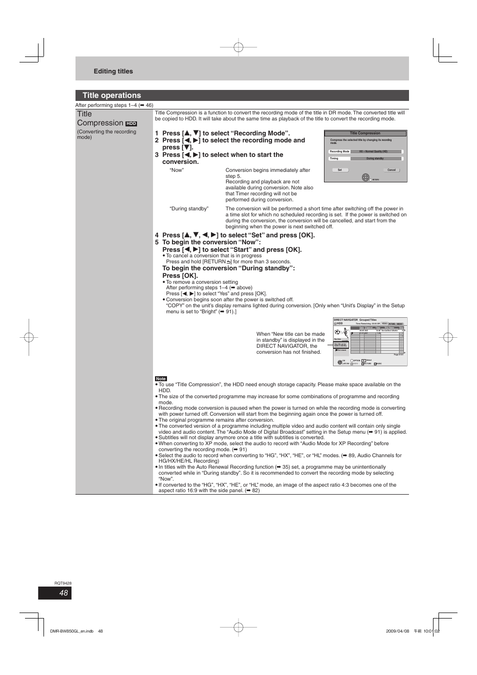 Title operations, Title compression, Editing titles | Philips DIGA DMR-BW750 User Manual | Page 48 / 124