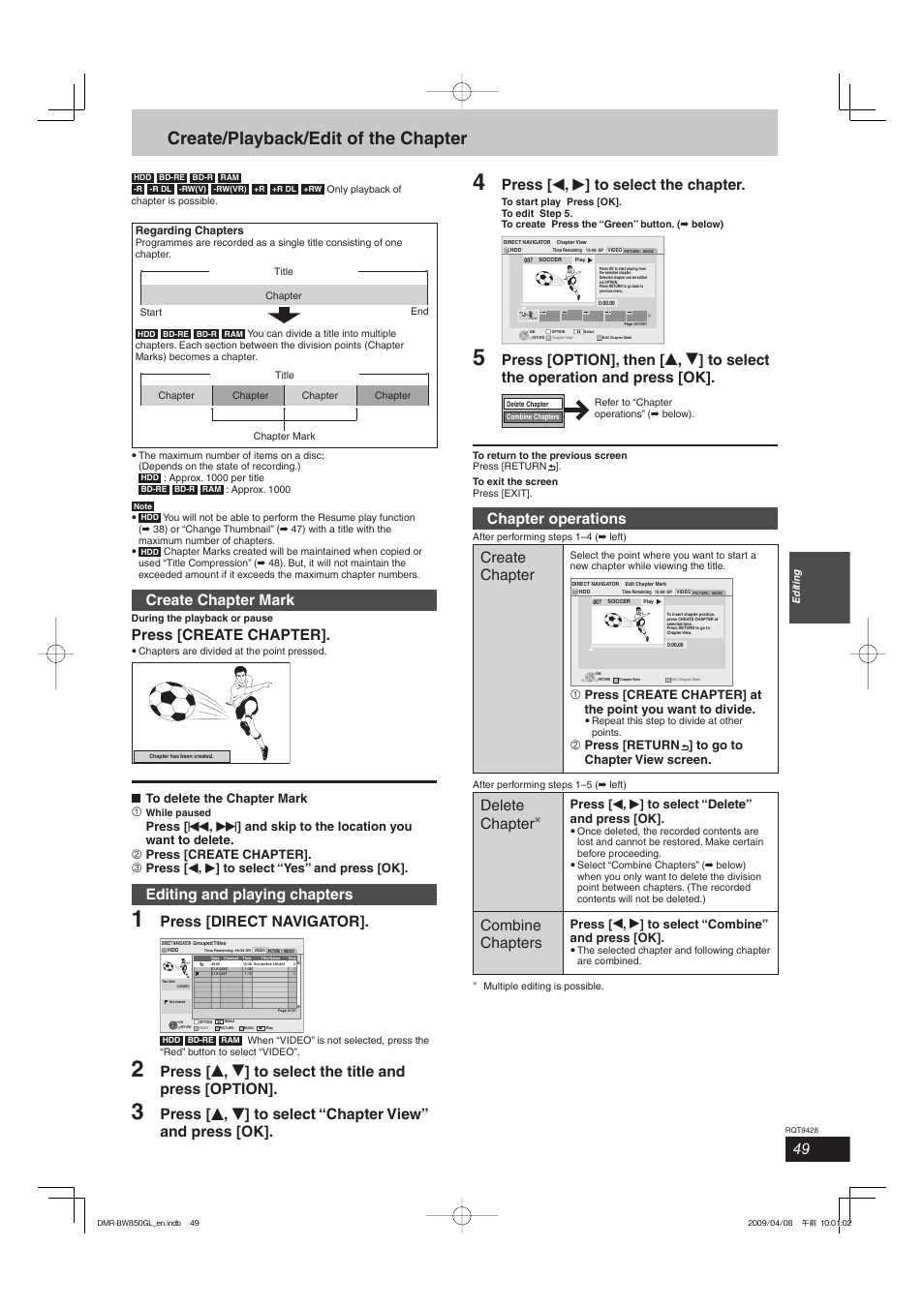 Create/playback/edit of the chapter, Create chapter mark, Press [create chapter | Editing and playing chapters, Press [direct navigator, Press [ w , q ] to select the chapter, Chapter operations, Create chapter, Delete chapter, Combine chapters | Philips DIGA DMR-BW750 User Manual | Page 49 / 124