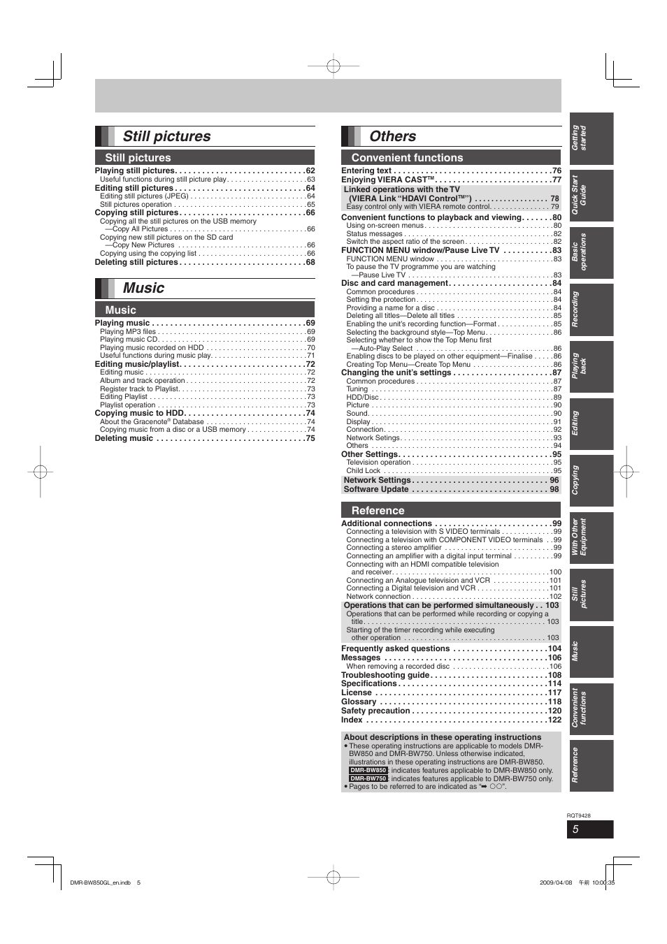 Still pictures, Music, Others | Convenient functions, Reference | Philips DIGA DMR-BW750 User Manual | Page 5 / 124