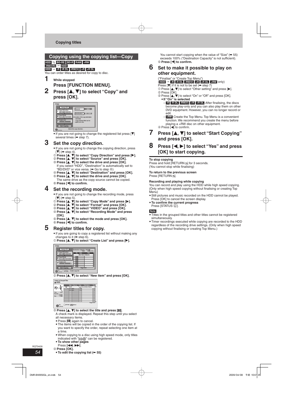 Copying using the copying list—copy, Press [function menu, Press [ e , r ] to select “copy” and press [ok | Set the copy direction, Set the recording mode, Register titles for copy, Set to make it possible to play on other equipment, Copying titles | Philips DIGA DMR-BW750 User Manual | Page 54 / 124