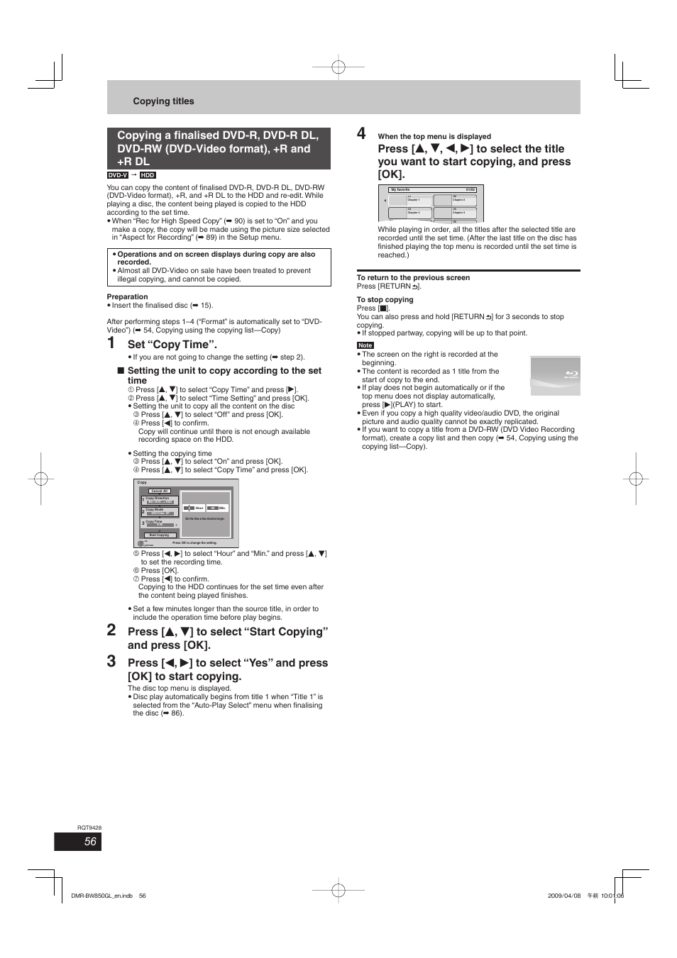 Set “copy time, Setting the unit to copy according to the set time, Copying titles | Philips DIGA DMR-BW750 User Manual | Page 56 / 124