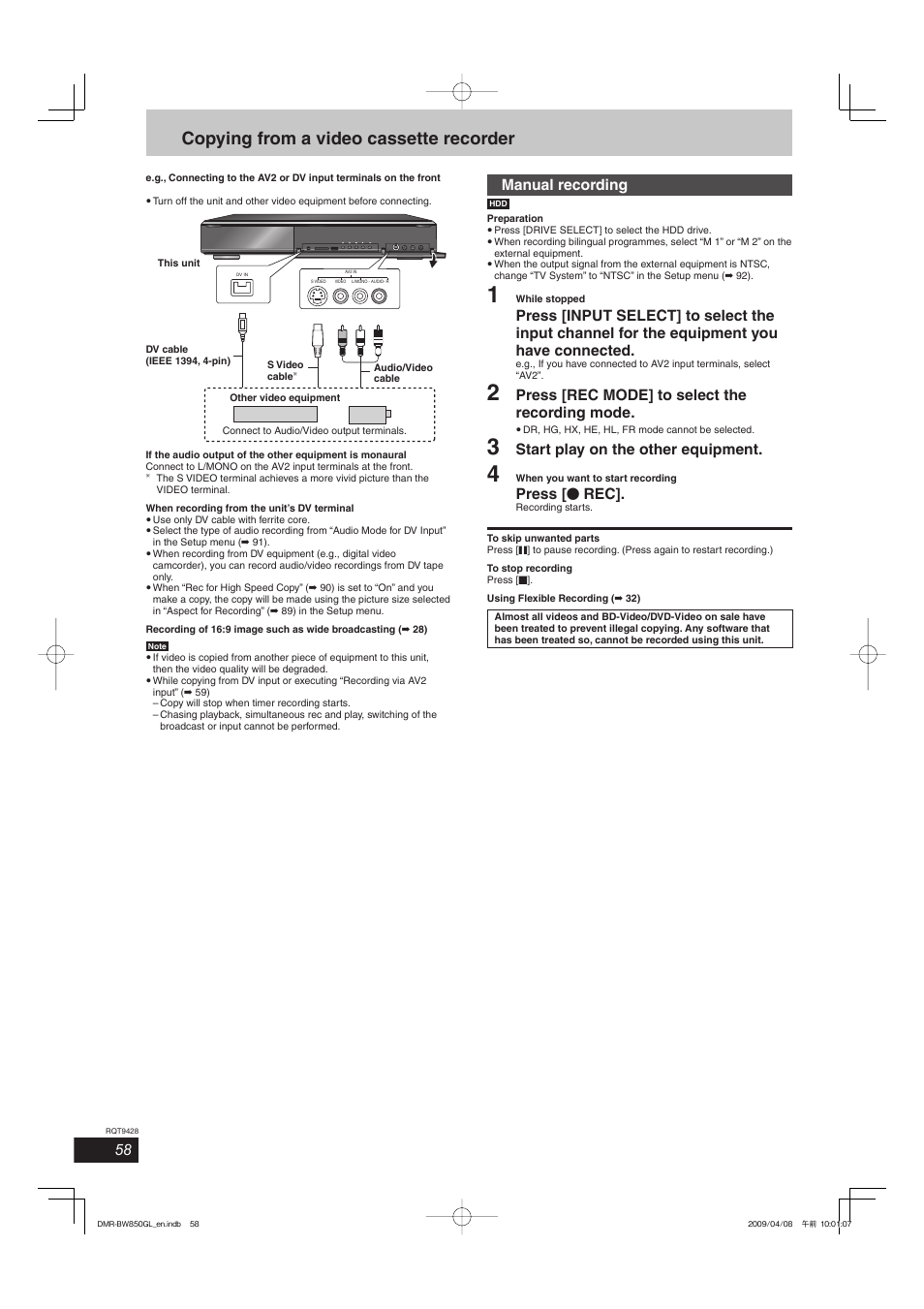 Copying from a video cassette recorder, Manual recording, Press [rec mode] to select the recording mode | Start play on the other equipment, Press [ * rec | Philips DIGA DMR-BW750 User Manual | Page 58 / 124