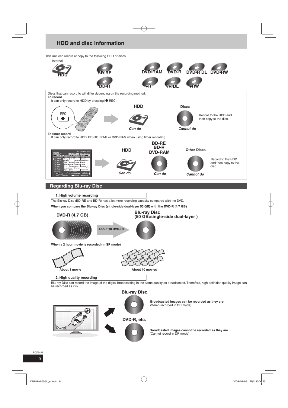 Hdd and disc information, Regarding blu-ray disc, Dvd-ram bd-re bd-r hdd | Blu-ray disc, Dvd-r, etc | Philips DIGA DMR-BW750 User Manual | Page 6 / 124