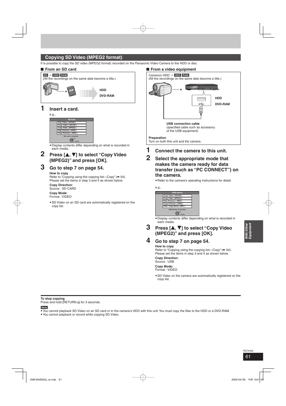 Insert a card, Go to step 7 on page 54, Connect the camera to this unit | Copying sd video (mpeg2 format) | Philips DIGA DMR-BW750 User Manual | Page 61 / 124