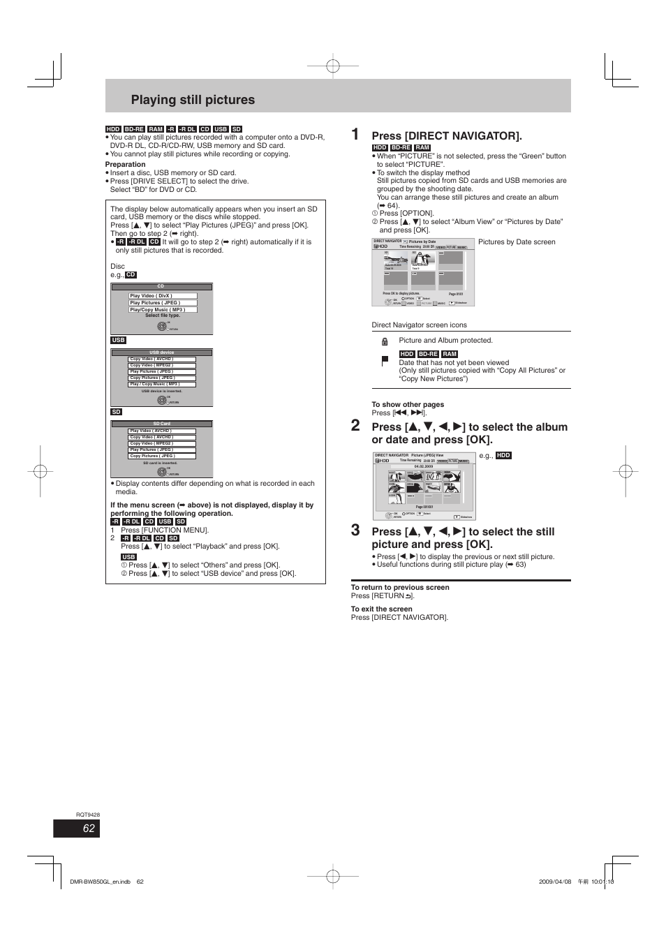 Playing still pictures, Press [direct navigator | Philips DIGA DMR-BW750 User Manual | Page 62 / 124
