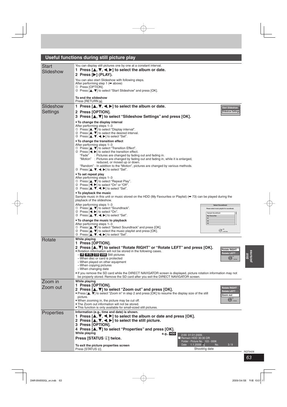 Slideshow settings, Rotate, Zoom in zoom out | Properties | Philips DIGA DMR-BW750 User Manual | Page 63 / 124