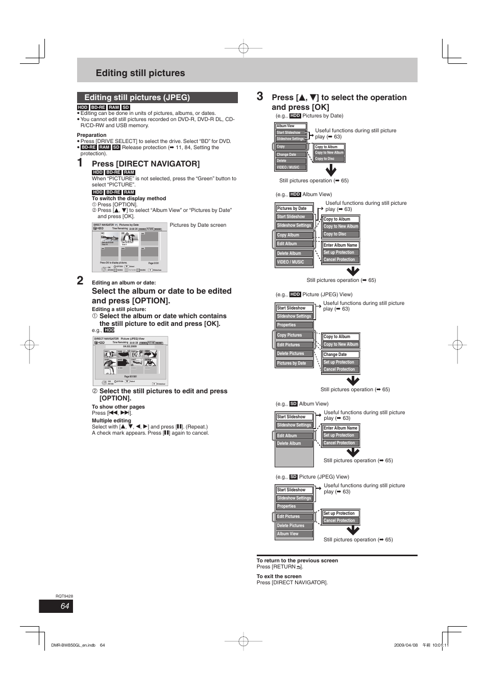 Editing still pictures, Editing still pictures (jpeg), Press [direct navigator | Philips DIGA DMR-BW750 User Manual | Page 64 / 124