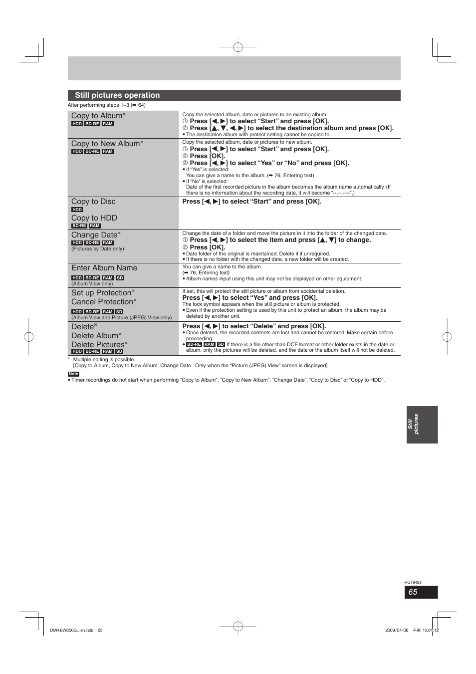 Still pictures operation, Copy to album, Copy to new album | Copy to disc, Copy to hdd, Change date, Enter album name, Set up protection cancel protection, Delete delete album delete pictures | Philips DIGA DMR-BW750 User Manual | Page 65 / 124