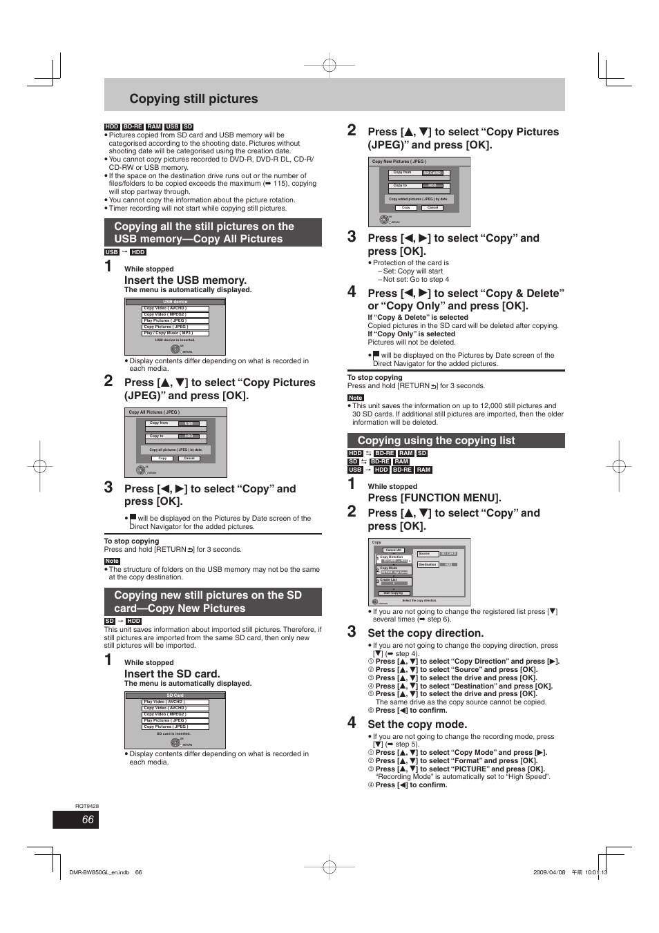 Copying still pictures, Press [ w , q ] to select “copy” and press [ok, Insert the sd card | Copying using the copying list, Press [function menu, Press [ e , r ] to select “copy” and press [ok, Set the copy direction, Set the copy mode | Philips DIGA DMR-BW750 User Manual | Page 66 / 124