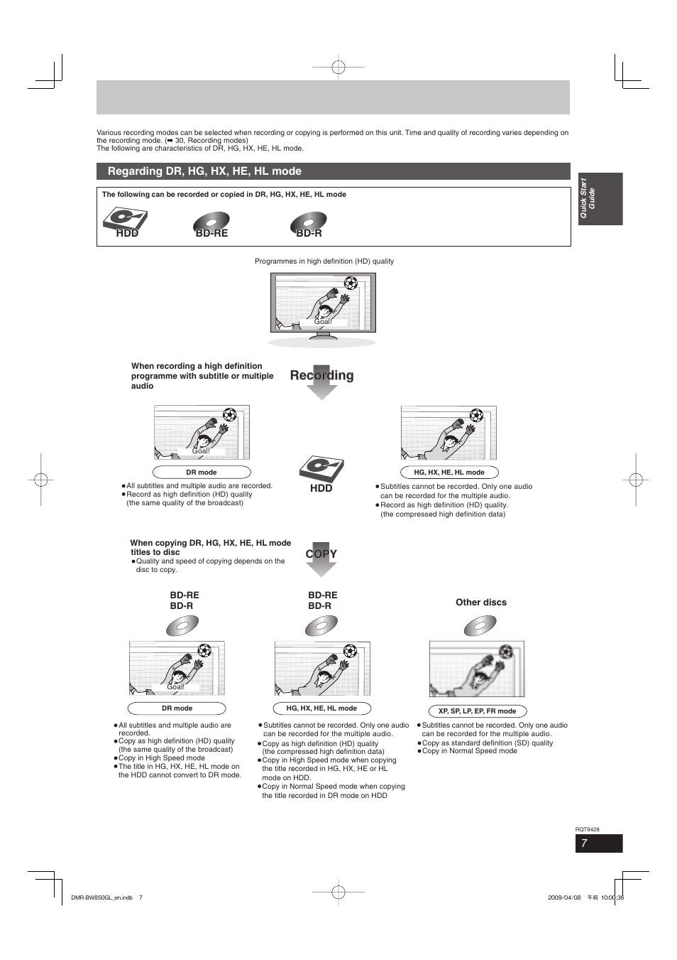 Recording, Regarding dr, hg, hx, he, hl mode, Copy | Philips DIGA DMR-BW750 User Manual | Page 7 / 124