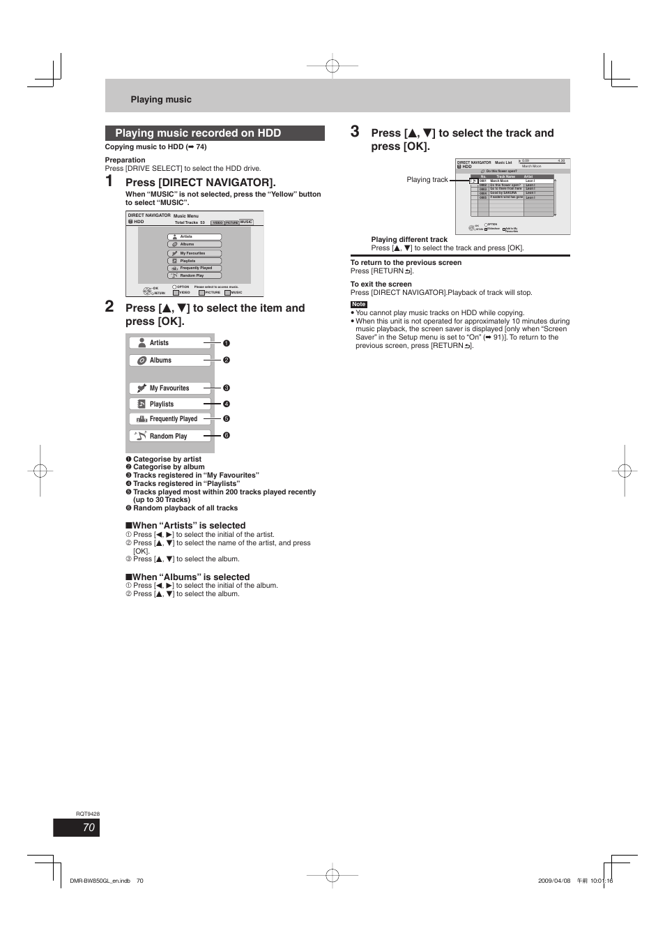 Playing music recorded on hdd, Press [direct navigator, Press [ e , r ] to select the item and press [ok | Press [ e , r ] to select the track and press [ok, Playing music, When “artists” is selected, When “albums” is selected | Philips DIGA DMR-BW750 User Manual | Page 70 / 124