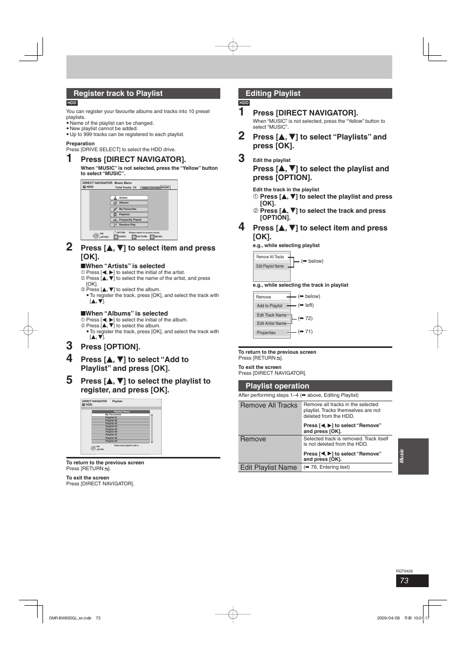 Register track to playlist, Press [direct navigator, Press [ e , r ] to select item and press [ok | Press [option, Editing playlist, Playlist operation | Philips DIGA DMR-BW750 User Manual | Page 73 / 124