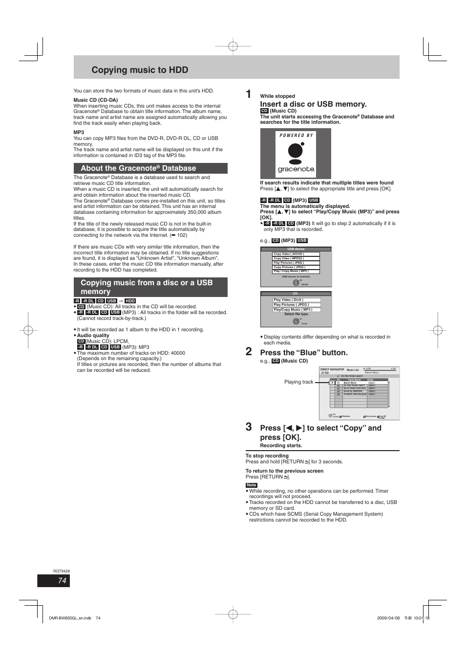 Copying music to hdd, Database, Press the “blue” button | Press [ w , q ] to select “copy” and press [ok | Philips DIGA DMR-BW750 User Manual | Page 74 / 124