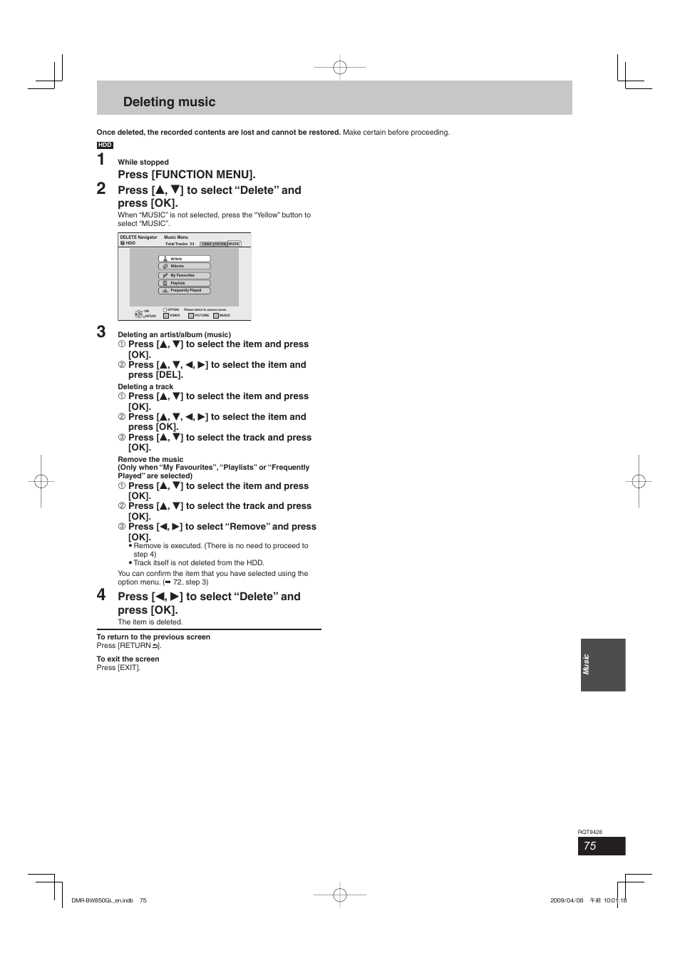Deleting music, Press [function menu, Press [ e , r ] to select “delete” and press [ok | Press [ w , q ] to select “delete” and press [ok | Philips DIGA DMR-BW750 User Manual | Page 75 / 124