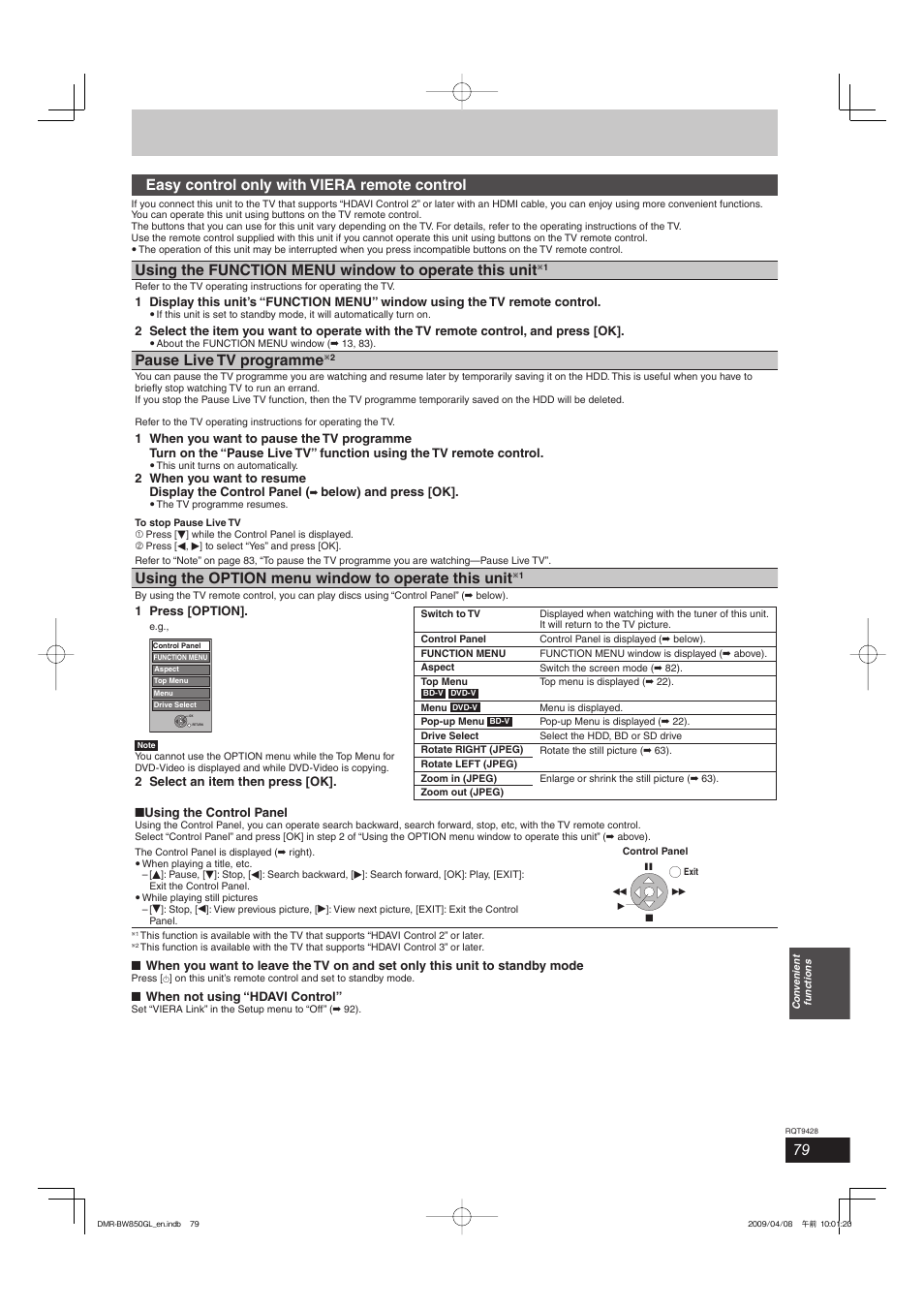 Easy control only with viera remote control, Pause live tv programme, Using the option menu window to operate this unit | Philips DIGA DMR-BW750 User Manual | Page 79 / 124