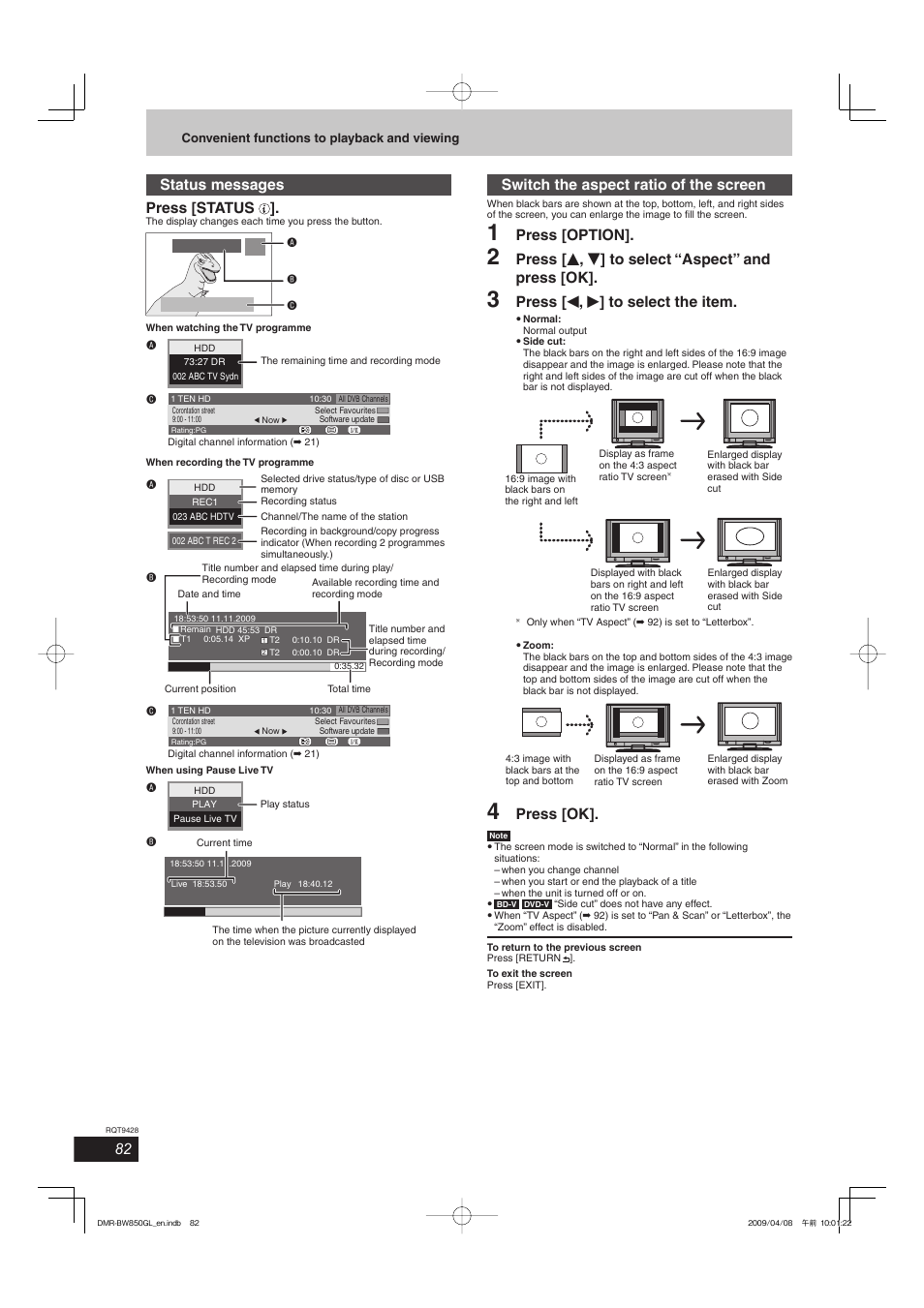 Status messages press [status, Switch the aspect ratio of the screen, Press [option | Press [ e , r ] to select “aspect” and press [ok, Press [ w , q ] to select the item, Press [ok | Philips DIGA DMR-BW750 User Manual | Page 82 / 124