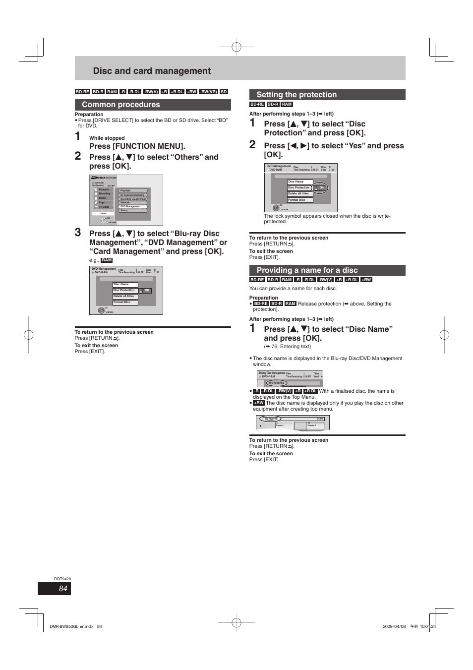 Disc and card management, Common procedures, Press [function menu | Press [ e , r ] to select “others” and press [ok, Setting the protection, Press [ w , q ] to select “yes” and press [ok, Providing a name for a disc | Philips DIGA DMR-BW750 User Manual | Page 84 / 124