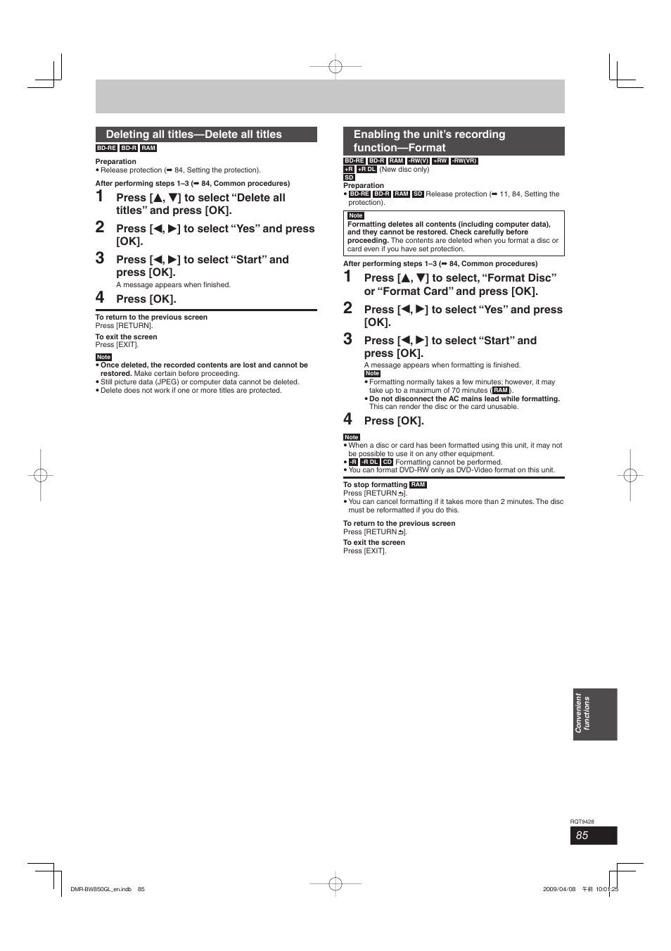 Deleting all titles—delete all titles, Press [ w , q ] to select “yes” and press [ok, Press [ w , q ] to select “start” and press [ok | Press [ok, Enabling the unit’s recording function—format | Philips DIGA DMR-BW750 User Manual | Page 85 / 124