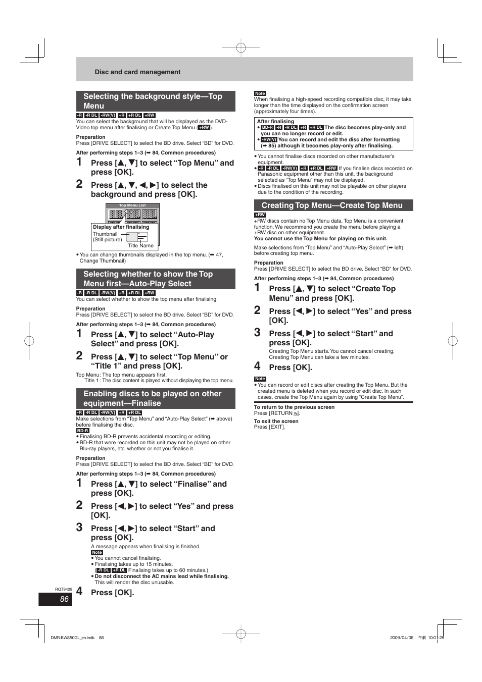 Selecting the background style—top menu, Press [ e , r ] to select “top menu” and press [ok, Press [ e , r ] to select “finalise” and press [ok | Press [ w , q ] to select “yes” and press [ok, Press [ w , q ] to select “start” and press [ok, Press [ok, Creating top menu—create top menu | Philips DIGA DMR-BW750 User Manual | Page 86 / 124