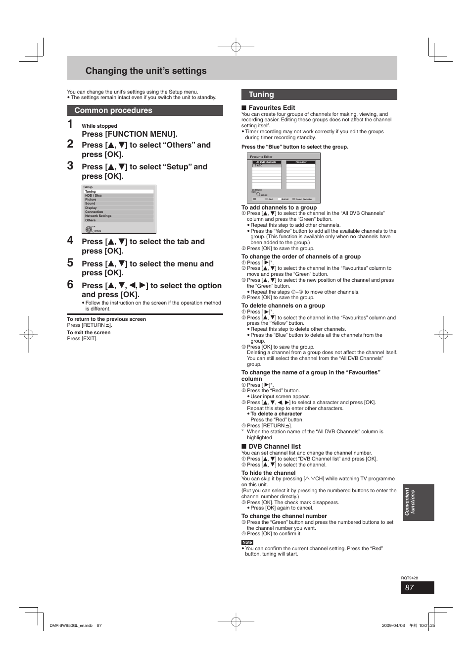 Changing the unit’s settings, Common procedures, Press [function menu | Press [ e , r ] to select “others” and press [ok, Press [ e , r ] to select “setup” and press [ok, Press [ e , r ] to select the tab and press [ok, Press [ e , r ] to select the menu and press [ok, Tuning | Philips DIGA DMR-BW750 User Manual | Page 87 / 124