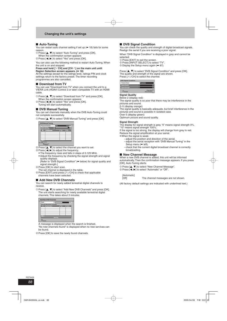 Auto-tuning, Download from tv, Dvb manual tuning | Add new dvb channels, Dvb signal condition, New channel message, Changing the unit’s settings | Philips DIGA DMR-BW750 User Manual | Page 88 / 124