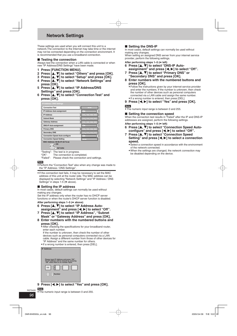 Network settings | Philips DIGA DMR-BW750 User Manual | Page 96 / 124