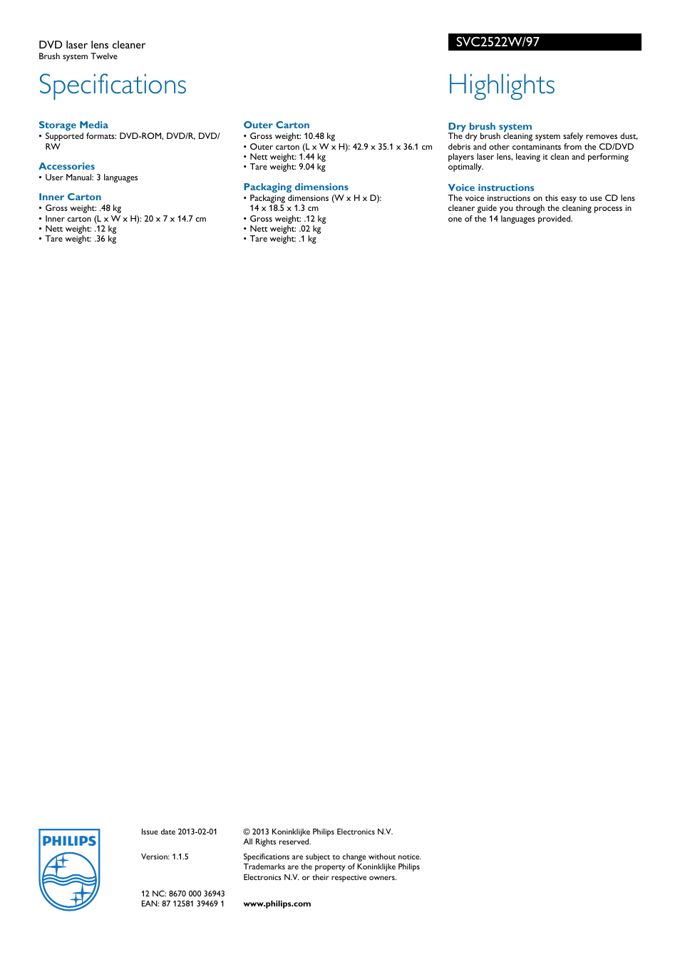 Specifications, Highlights | Philips SVC2522W User Manual | Page 2 / 2