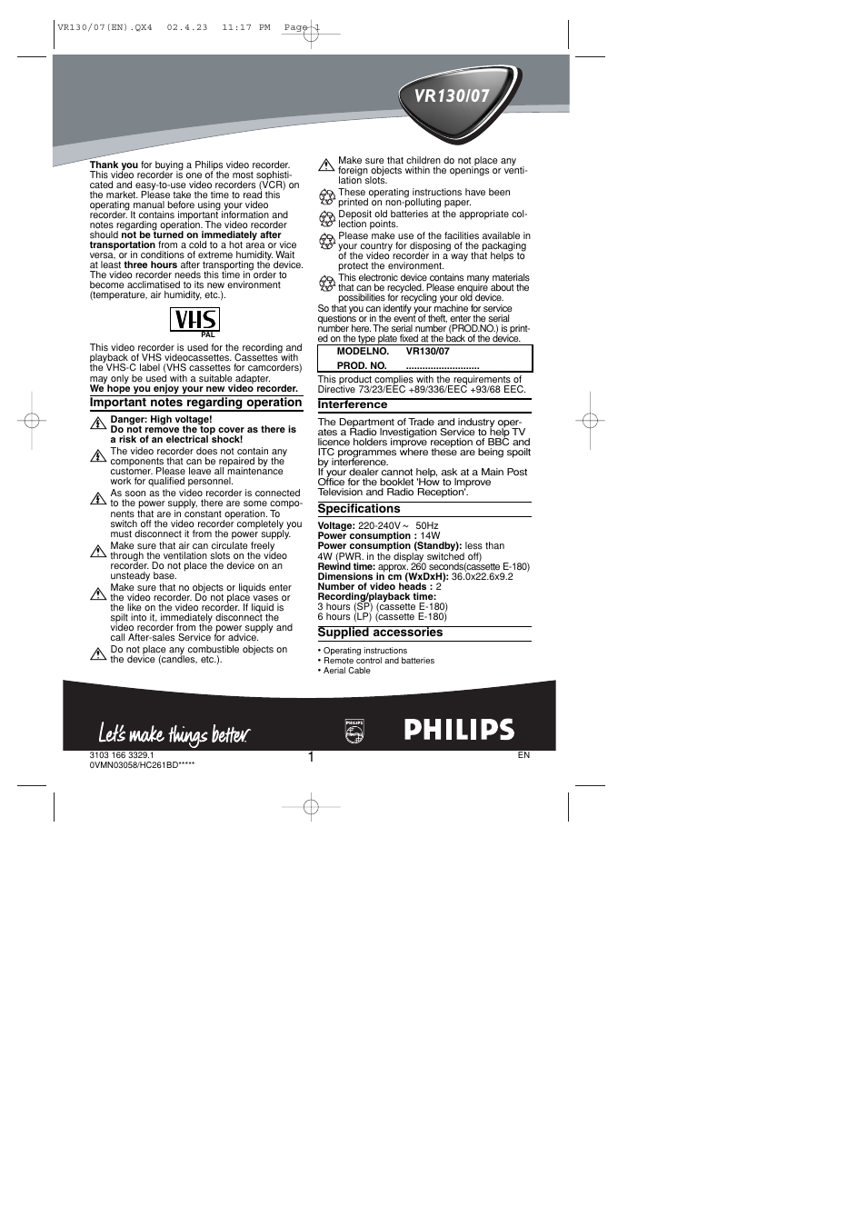 Philips VR130/07 User Manual | 16 pages
