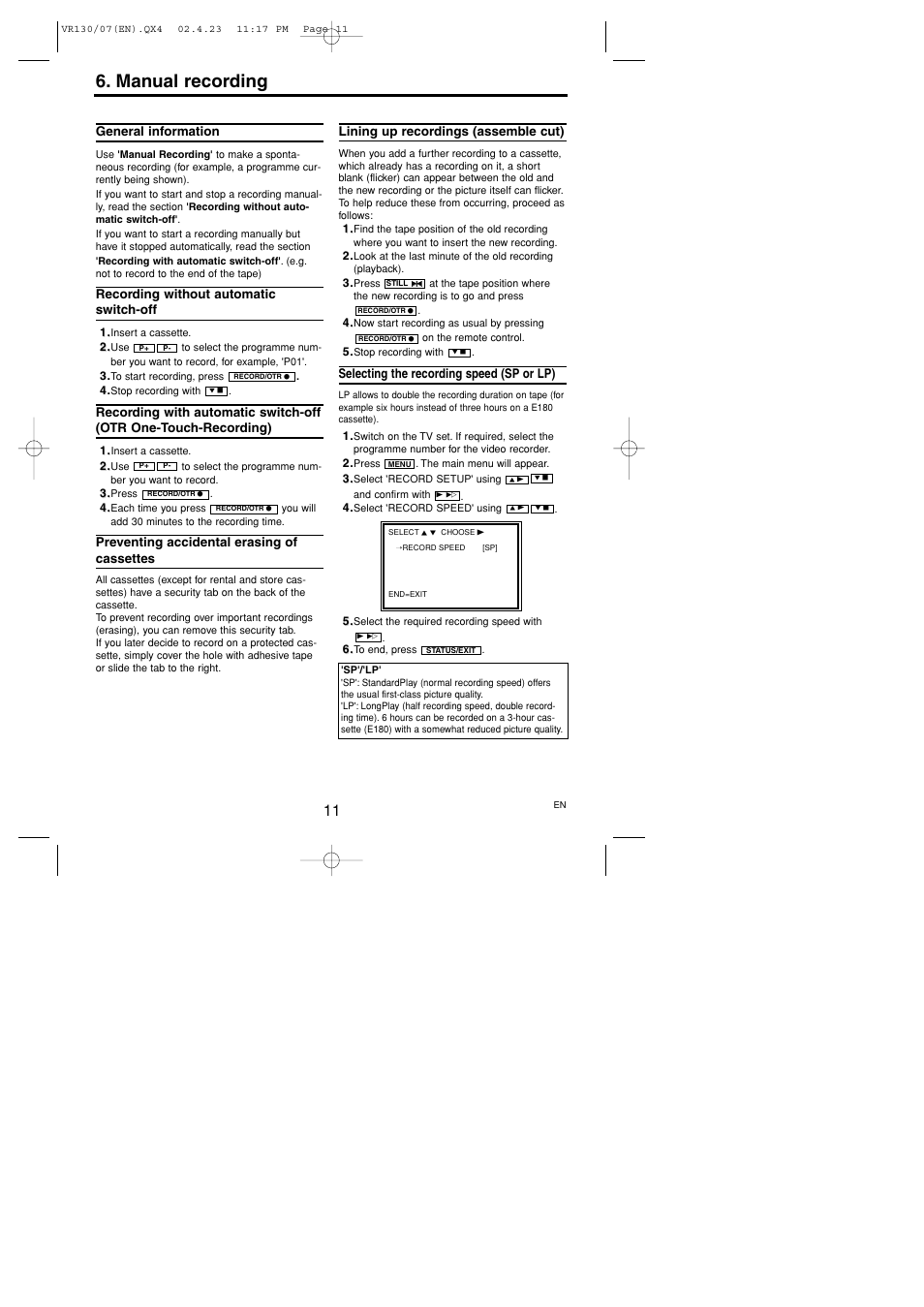 Manual recording | Philips VR130/07 User Manual | Page 11 / 16