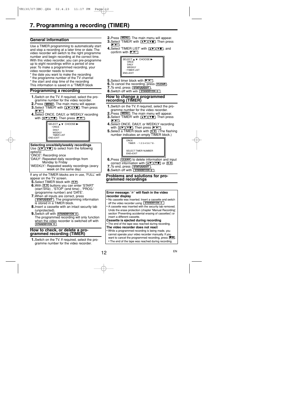 Programming a recording (timer) | Philips VR130/07 User Manual | Page 12 / 16