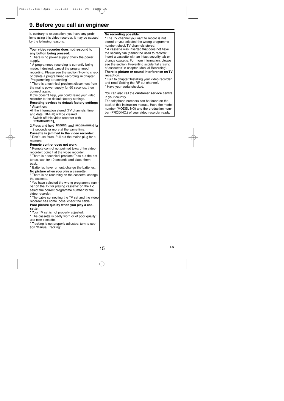 Before you call an engineer | Philips VR130/07 User Manual | Page 15 / 16