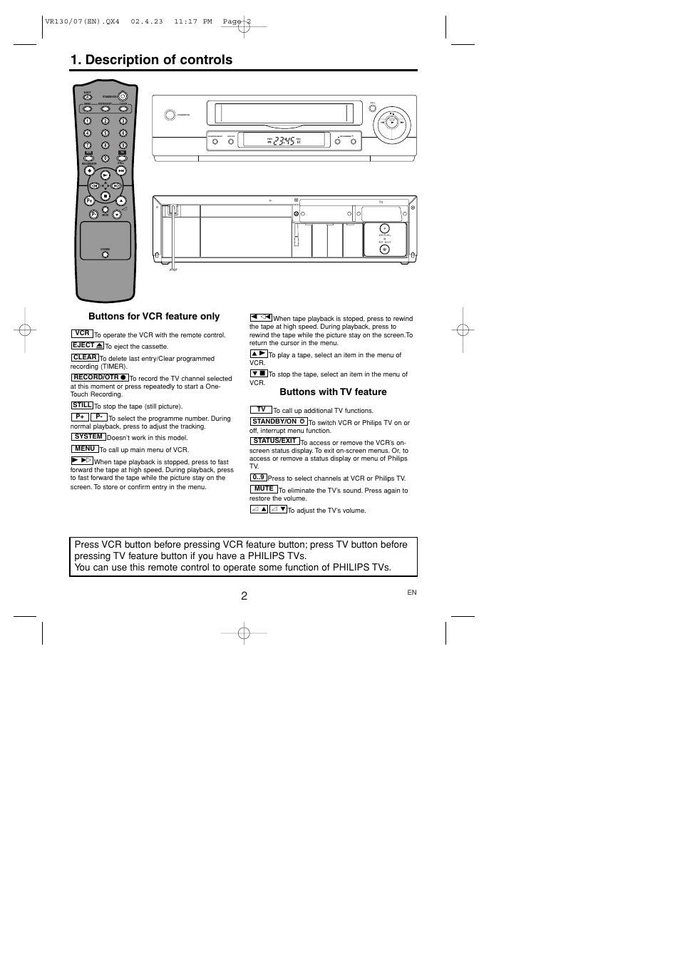 Description of controls, Buttons for vcr feature only, Buttons with tv feature | Philips VR130/07 User Manual | Page 2 / 16