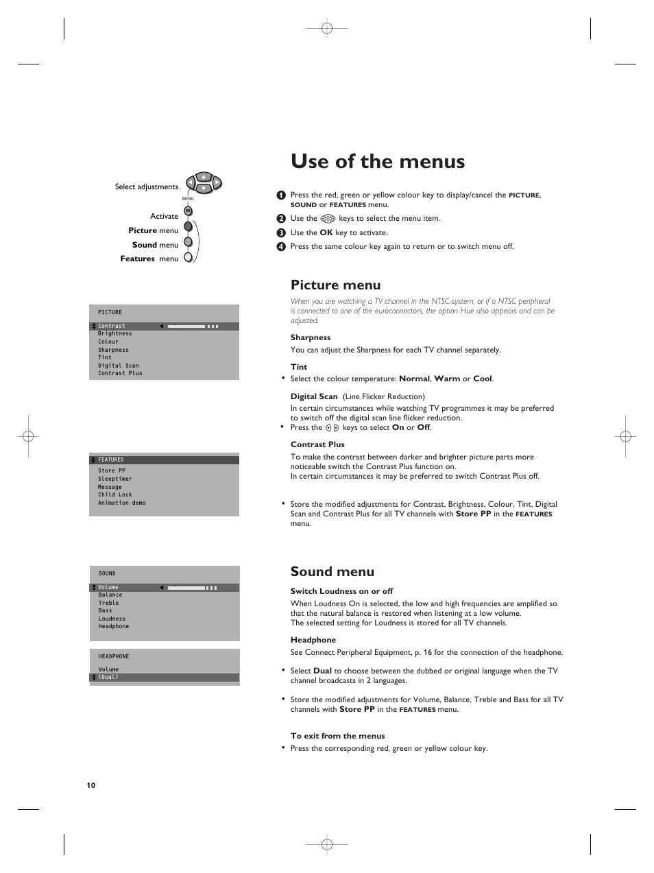 Use of the menus, Picture menu, Sound menu | Philips TV Remote Control User Manual | Page 10 / 20