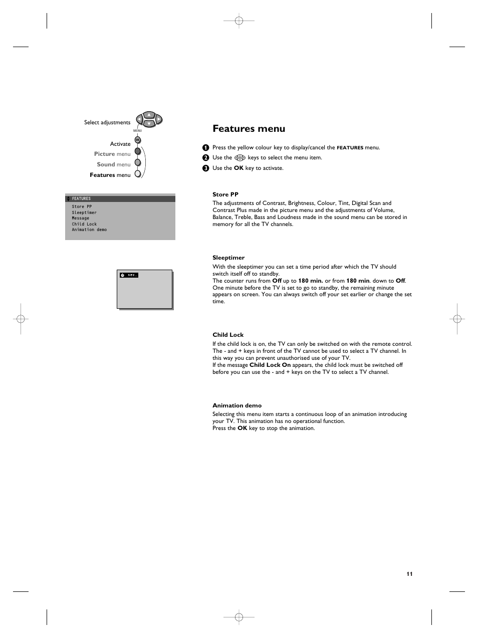 Features menu | Philips TV Remote Control User Manual | Page 11 / 20