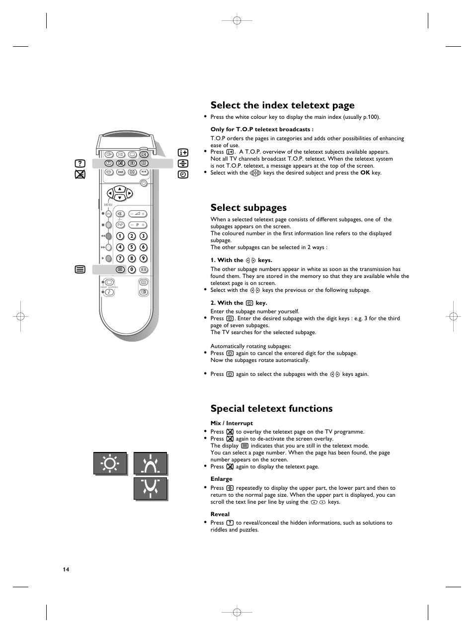 Select the index teletext page, Select subpages, Special teletext functions | Philips TV Remote Control User Manual | Page 14 / 20