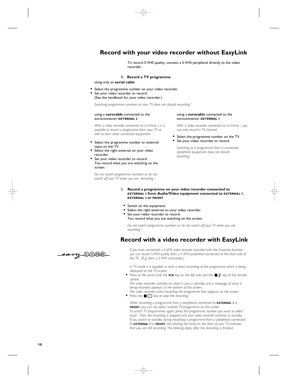 Record with your video recorder without easylink, Record with a video recorder with easylink | Philips TV Remote Control User Manual | Page 18 / 20