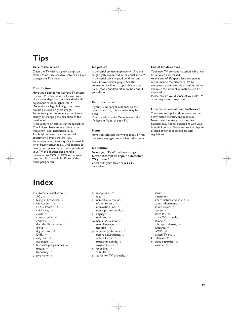 Tips, Index | Philips TV Remote Control User Manual | Page 19 / 20