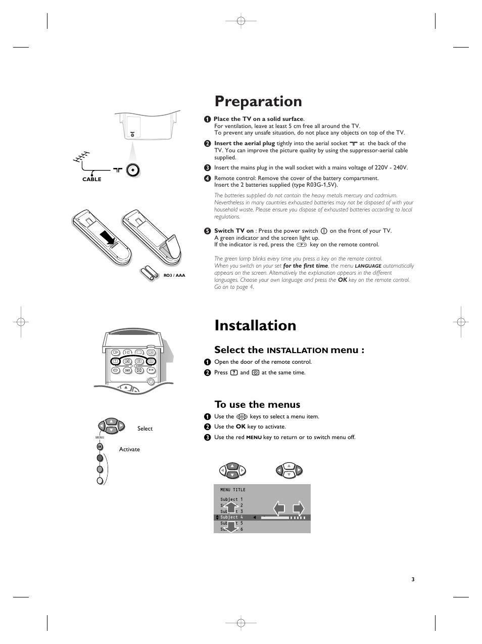 Preparation, Installation, Select the | Menu | Philips TV Remote Control User Manual | Page 3 / 20